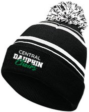 CDHS Choir logo on striped winter hat with pom pom, for sale as spirit wear by CDCPA